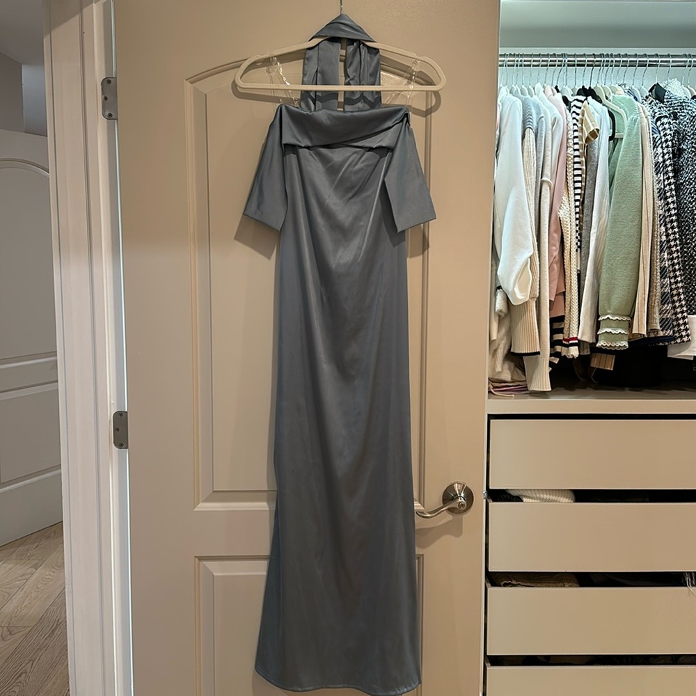 Satin Tie Neck Off-Shoulder Long Dress
